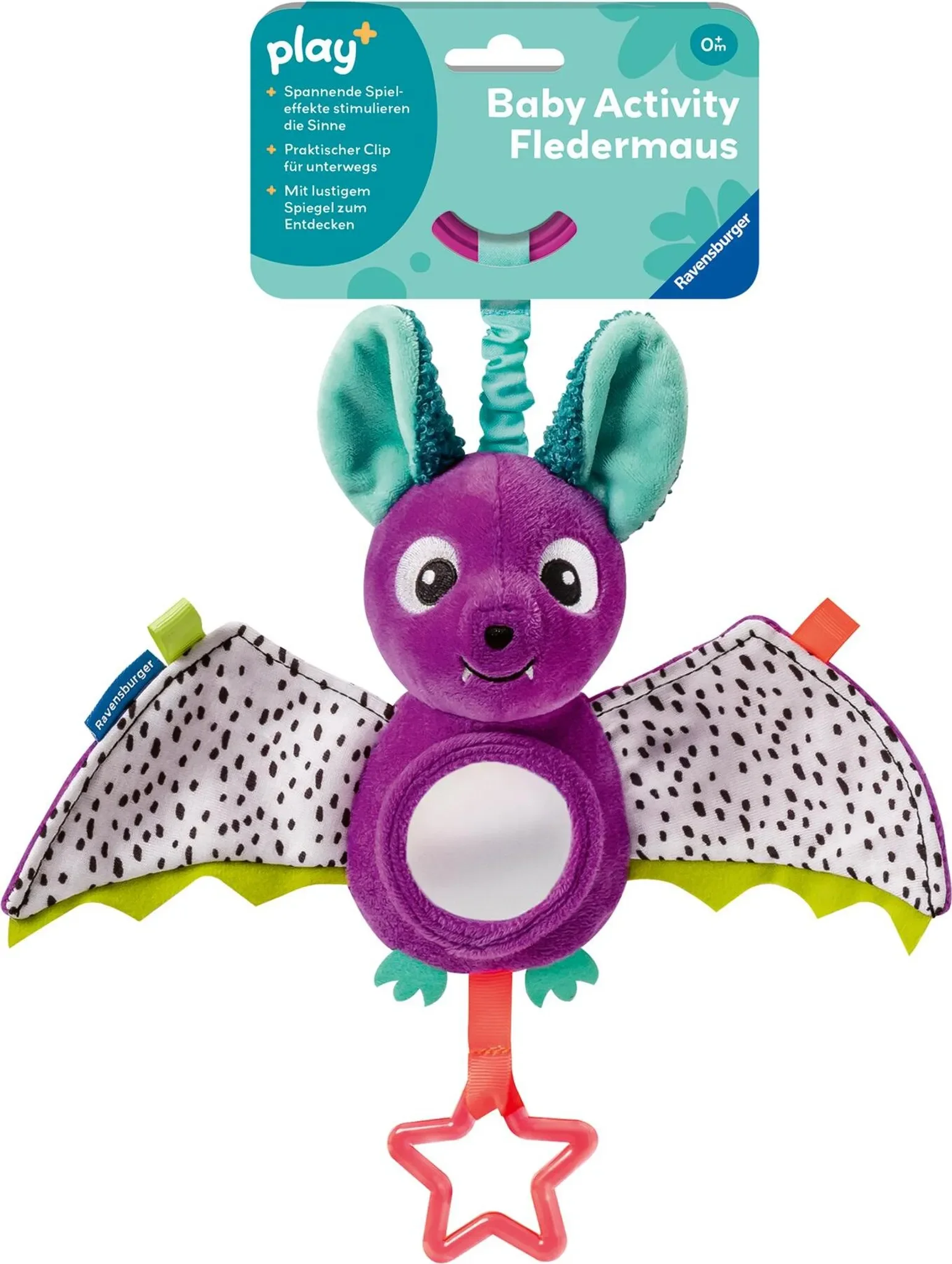 Baby Activity-Fledermaus – Kuschelspielzeug mit Spielelementen